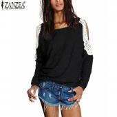 Herbst Damen sexy Spitzen lässig Häkeln Splice Schulter ab lange Ärmel Tops Hoodies Sweat Shirt und Grösse