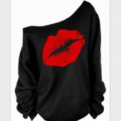 Damen Sweat Shirts sexy Rote Lippen Print überdimensionalen Schulter ab raw Rand weiblich Pullover lange Ärmel Kapuzen