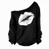 Damen Sweat Shirts sexy Rote Lippen Print überdimensionalen Schulter ab raw Rand weiblich Pullover lange Ärmel Kapuzen