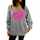 Damen Sweat Shirts sexy Rote Lippen Print überdimensionalen Schulter ab raw Rand weiblich Pullover lange Ärmel Kapuzen