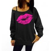 Damen Sweat Shirts sexy Rote Lippen Print überdimensionalen Schulter ab raw Rand weiblich Pullover lange Ärmel Kapuzen