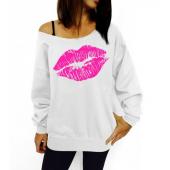 Damen Sweat Shirts sexy Rote Lippen Print überdimensionalen Schulter ab raw Rand weiblich Pullover lange Ärmel Kapuzen