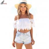 lovesky neue Mode Sommer Bluse sexy vor der Schulter boho Spitzen Weissen Bluse aus Schulter Pflanzliche Tops s m l xl