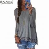 im Frühjahr Damen lässig Locker elegant T Shirt Longarm Shirt Spitzen Saum weibliche Tops und Häkeln