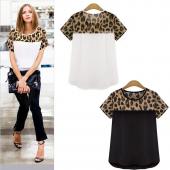 feitong 2 Farben und Grösse 3xl Sommer Damen FreiZeit Kleidung Leopard Patchwork Chiffon T Shirt