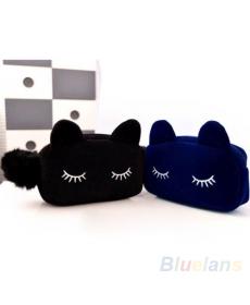 Tragbare Cartoon Katze Münze Aufbewahrungskoffer Reise Make Up Flanell Beutel Kosmetiktasche