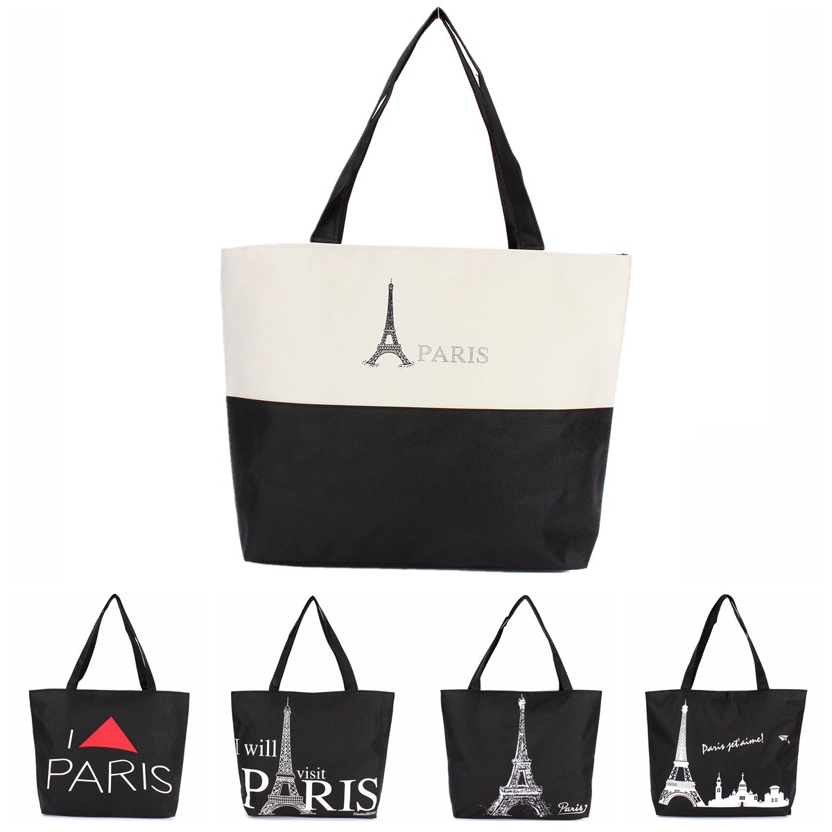 Große Raum Damen Leinwand Handtasche Zipper Einkaufs Umhängetasche Paris Eiffelturm Muster Mädchen