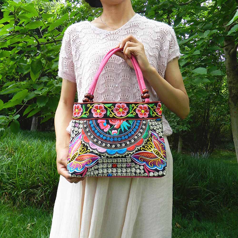 nationale Tendenz stickerei Taschen Damen doppelseitigen blume bestickt eine schulter Handtasche