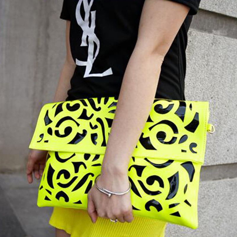 Vogue beliebte fluoreszenz farben höhle out umschlag Tasche Damen der süßigkeitfarbe eine