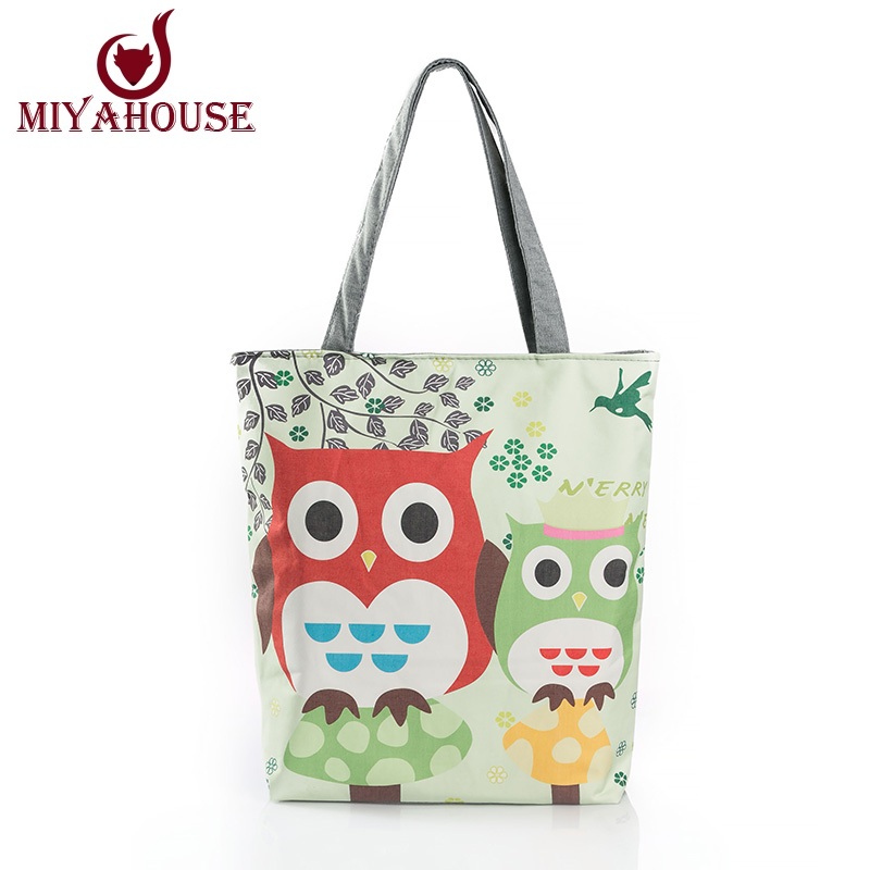 Blumen Und Eule Gedruckt Leinwand Tote Weiblich Beiläufiger Strand Taschen Große Kapazität Damen