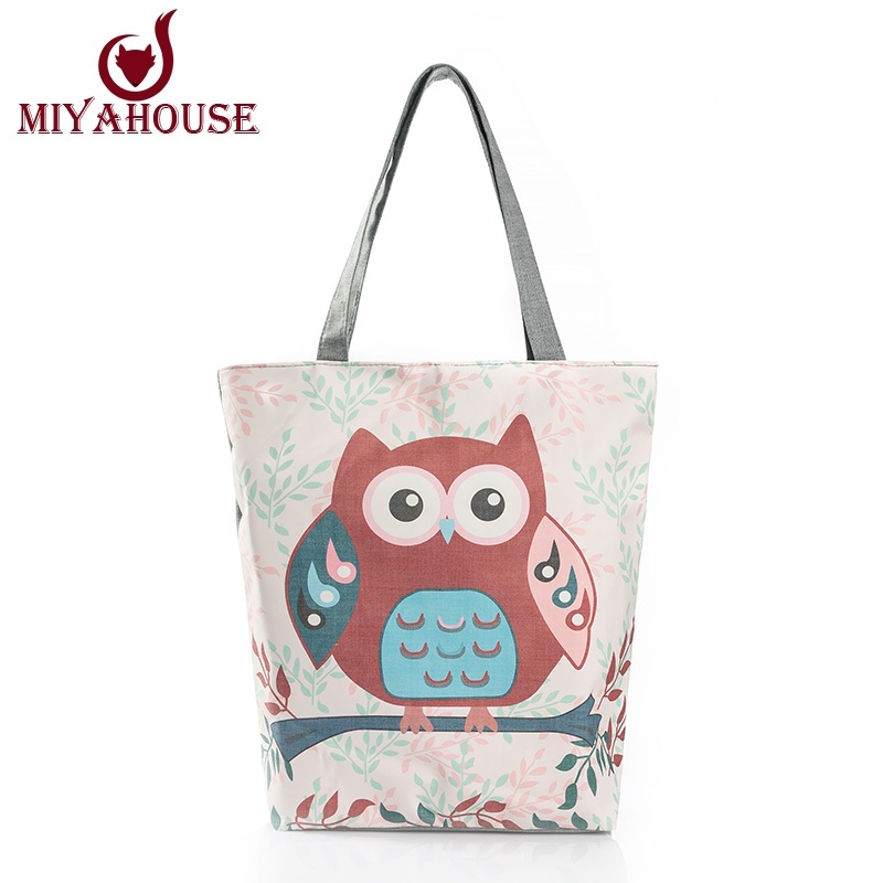 Blumen Und Eule Gedruckt Leinwand Tote Weiblich Beiläufiger Strand Taschen Große Kapazität Damen