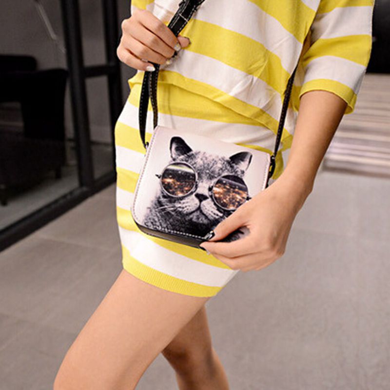 Vogue Bolsos Carteras Mujer Marca Damen Pu Leder Cat Tragen Gläser Print Messenger Handtasche Damen Tasche
