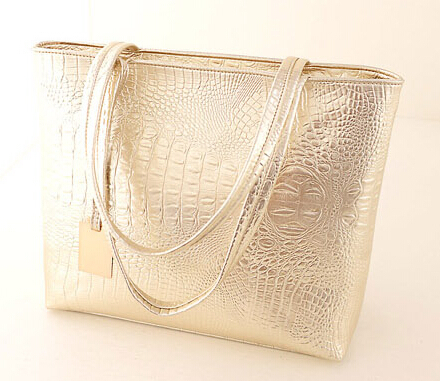 Damen Pu Lederne Handtaschen Metall Farbe Schultertasche Alligator Muster Einkaufstasche Goldene Silber Schwarz