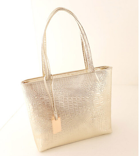 Damen Pu Lederne Handtaschen Metall Farbe Schultertasche Alligator Muster Einkaufstasche Goldene Silber Schwarz