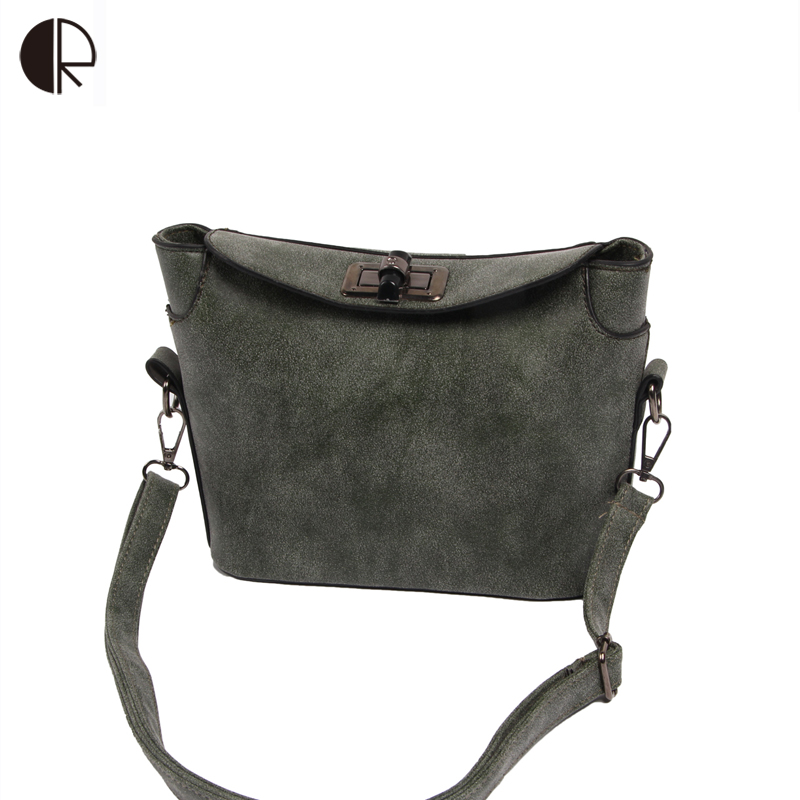 New Vintage Fashion Soild PU Nubuck Leather Messenger Bags Brand Designer Spin Lock Bucket Ladies Bags Summer Style