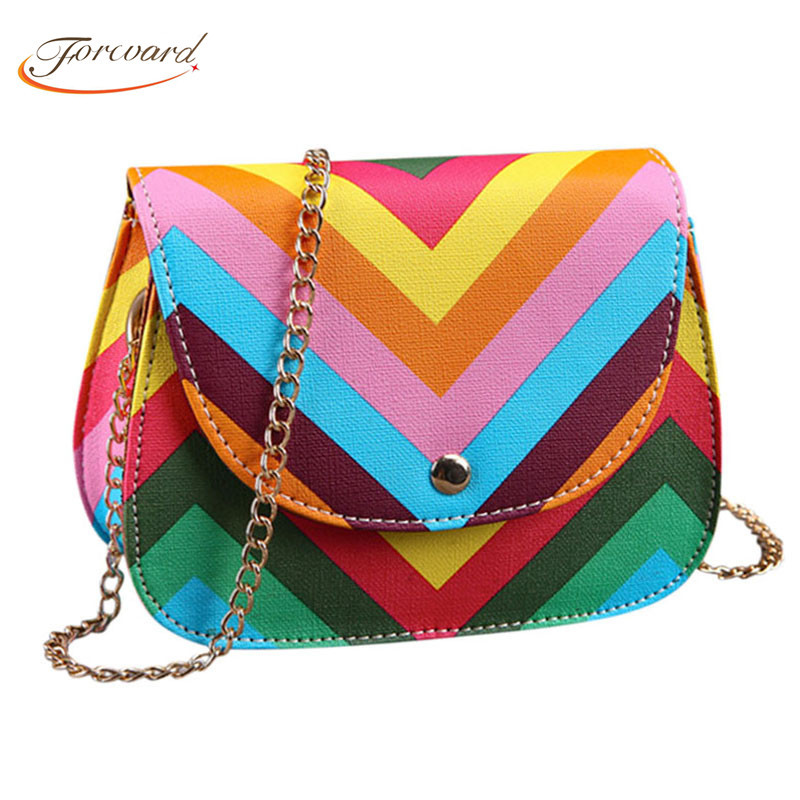 New Fashion Women Brand Bag Rainbow Color Stripes Ladies Rivet leather Crossbody Shoulder bag Party bags Messenger bag