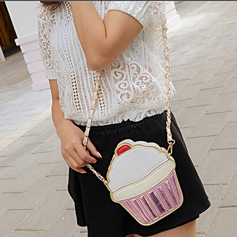 Neue Nette Cartoon Damen eis Cupcake Mini Taschen Pu Leder Kleine Kette Kupplung Crossbody Mädchen Schulter