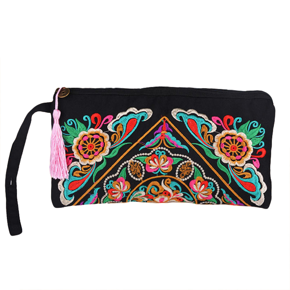 Nationalen Stil Damen Taschen Kontrast Farbe Stickerei Damen Handtasche Handschlaufe Eleganten Quasten Kleine Mini