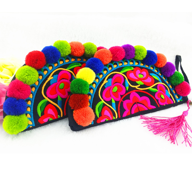 Neueste Ethnic original Stickerei Taschen vintage handgemachten Mehrfarben Pompom Kupplungen Taschen personalisierte
