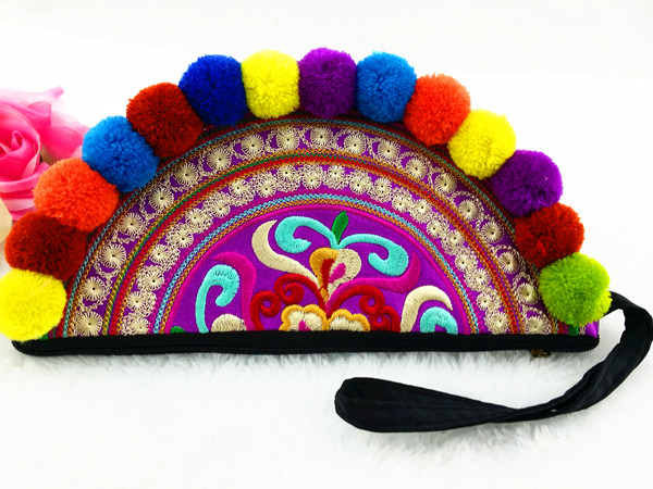 Neueste Ethnic original Stickerei Taschen vintage handgemachten Mehrfarben Pompom Kupplungen Taschen personalisierte
