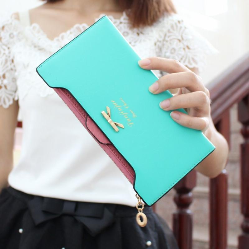 Damen mode Brieftasche goldenen bogen Knoten lange Leder kartenhalter clips blume Haspe schnalle Damen öffnen