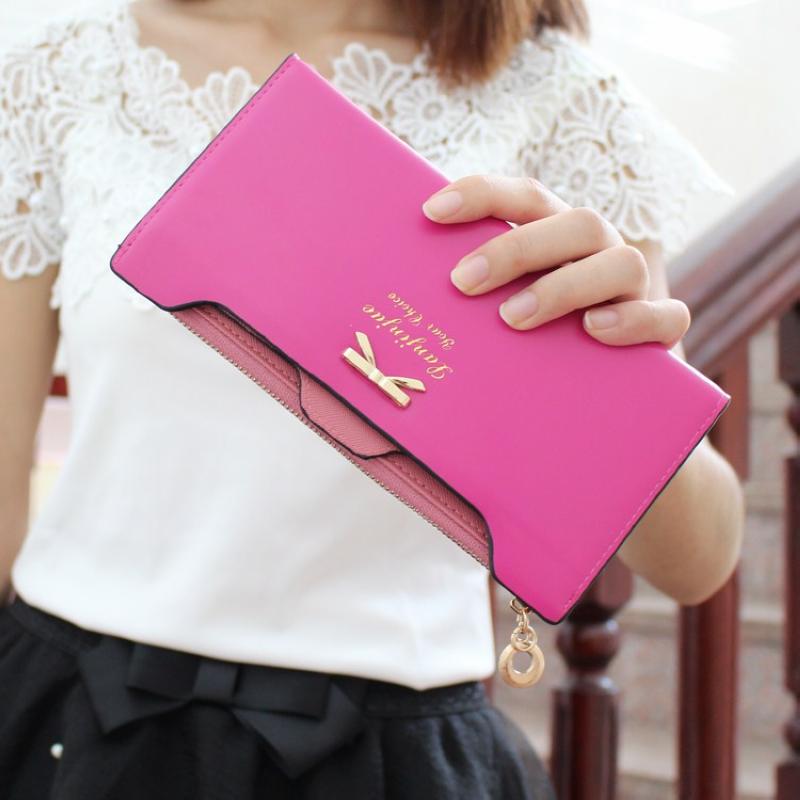 Damen mode Brieftasche goldenen bogen Knoten lange Leder kartenhalter clips blume Haspe schnalle Damen öffnen