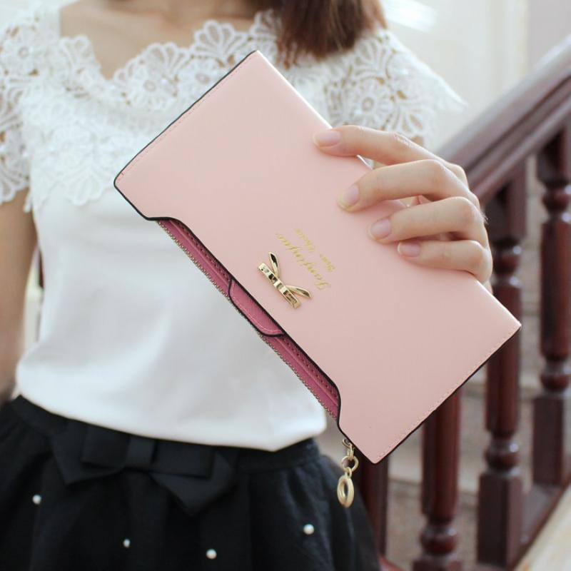 Damen mode Brieftasche goldenen bogen Knoten lange Leder kartenhalter clips blume Haspe schnalle Damen öffnen