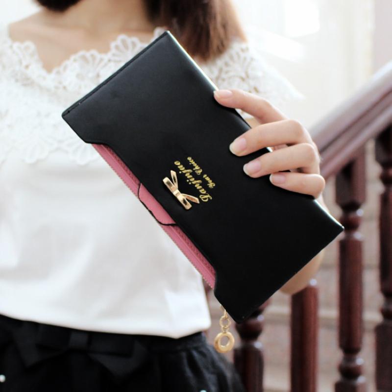 Damen mode Brieftasche goldenen bogen Knoten lange Leder kartenhalter clips blume Haspe schnalle Damen öffnen