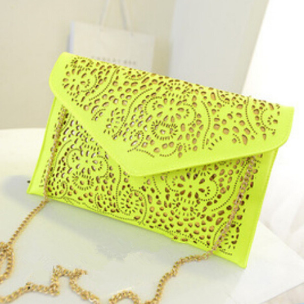 Heiße Neue Hohl Ketten Abendtasche neonfarbe ausschnitt Tasche pu candy farbe tag kupplung Damen messenger bags