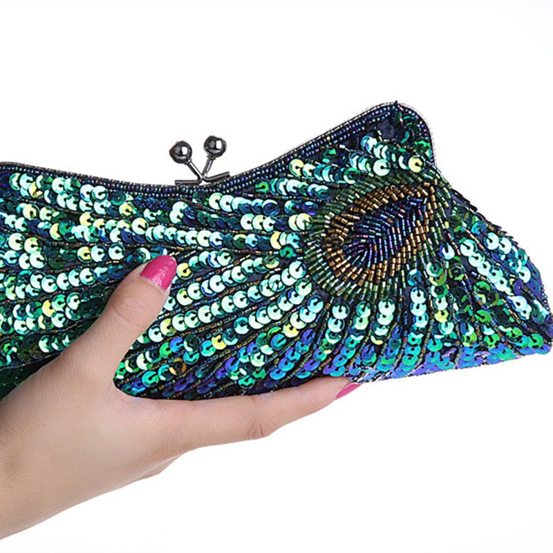 Vintage Women's Clutches Chain Evening Bags Peacock Pattern Sequins Beaded Bridal Clutch Purse luxury mini handbag