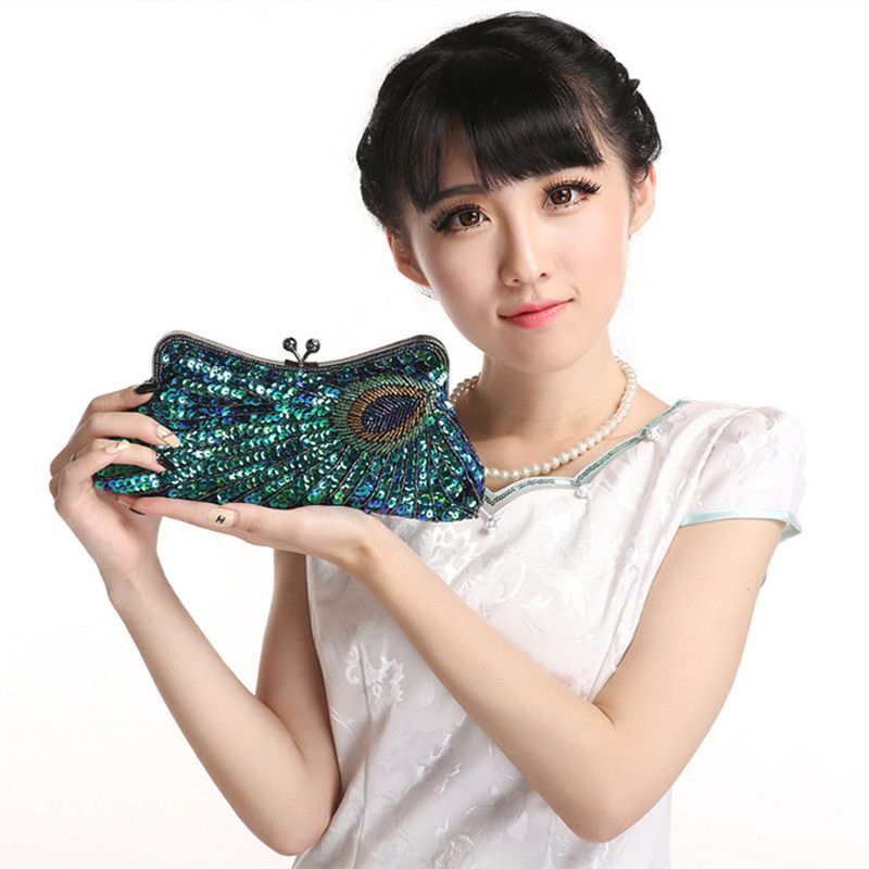 Vintage Women's Clutches Chain Evening Bags Peacock Pattern Sequins Beaded Bridal Clutch Purse luxury mini handbag