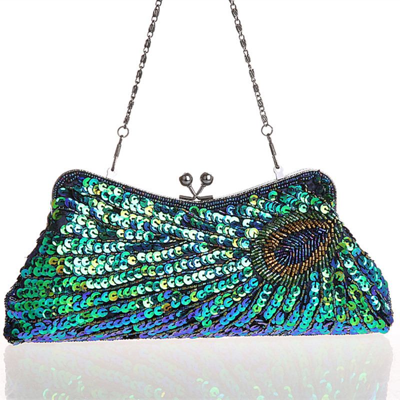 Vintage Women's Clutches Chain Evening Bags Peacock Pattern Sequins Beaded Bridal Clutch Purse luxury mini handbag