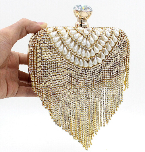 Neue Quaste Strass Kupplung Damen Abendtaschen Perlen Luxus Damen Handtaschen Perle goldenen Abendtasche