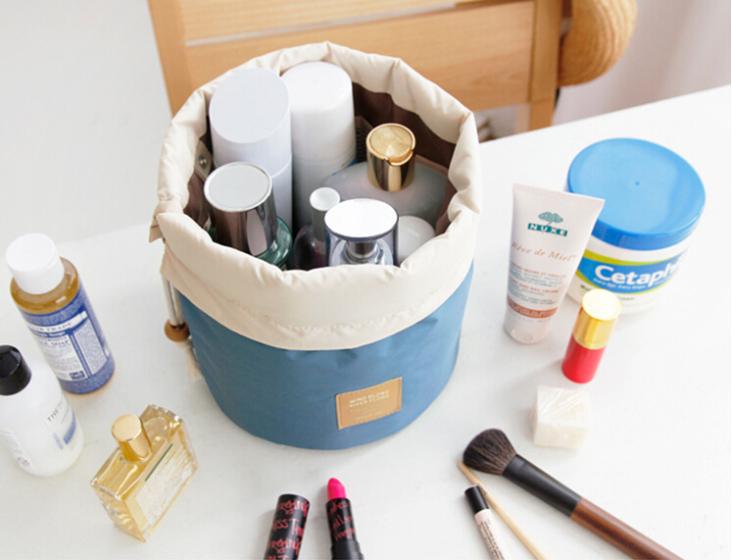 Tonnenförmige Reise Kosmetiktasche Nylon Hohe Kapazität Kordelzug Elegante Trommel Waschen Taschen Makeup
