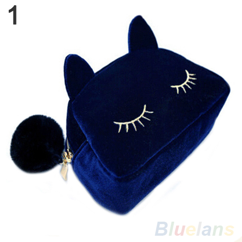 Tragbare Cartoon Katze Münze Aufbewahrungskoffer Reise Make Up Flanell Beutel Kosmetiktasche
