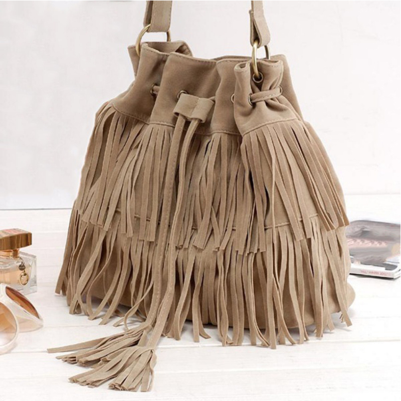 WildLeder Kordelzug Eimer Tasche Damen Handtasche Faux Fringe Quaste Schulter Crossbody Umhängetasche