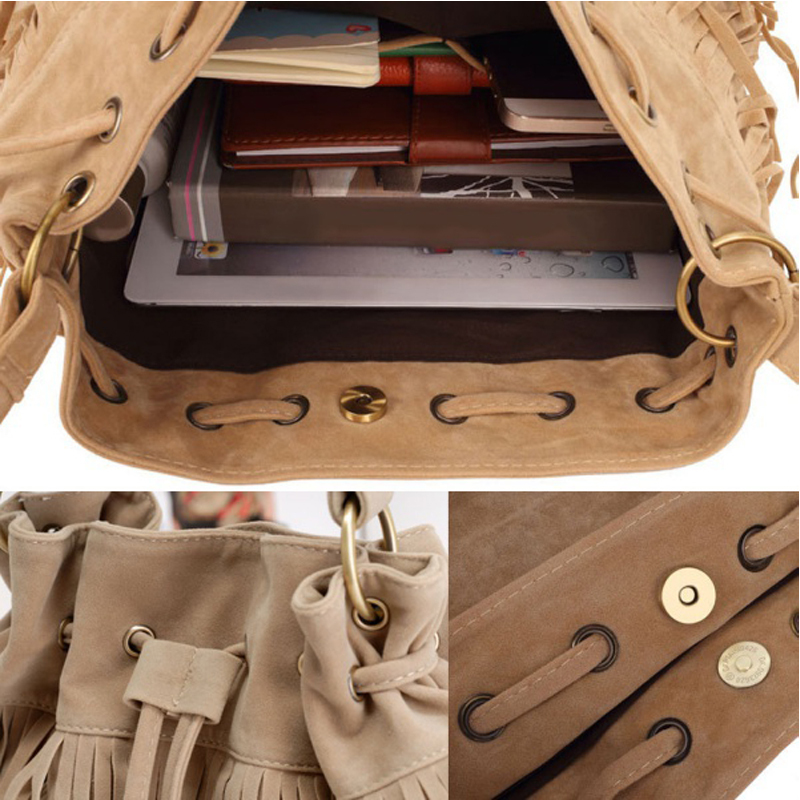 WildLeder Kordelzug Eimer Tasche Damen Handtasche Faux Fringe Quaste Schulter Crossbody Umhängetasche