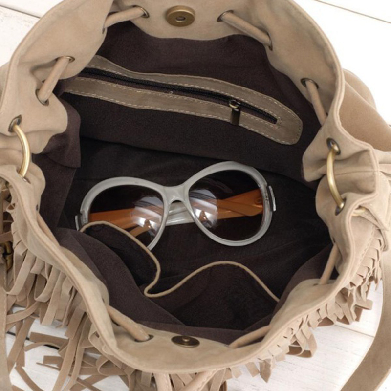 WildLeder Kordelzug Eimer Tasche Damen Handtasche Faux Fringe Quaste Schulter Crossbody Umhängetasche