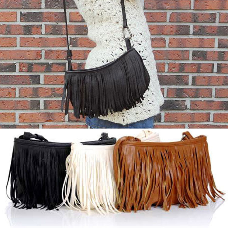 Damen Quaste Quaste Fringe Faux WildLeder Schulter Messenger Crossbody Handtasche Schwarz Braun Weiß