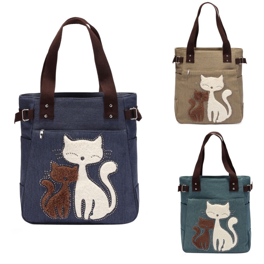 Mode Damen Leinwand Handtasche Nette Katze Appliques Reise Umhängetaschen Kausalen Dame Handtaschen Schulter