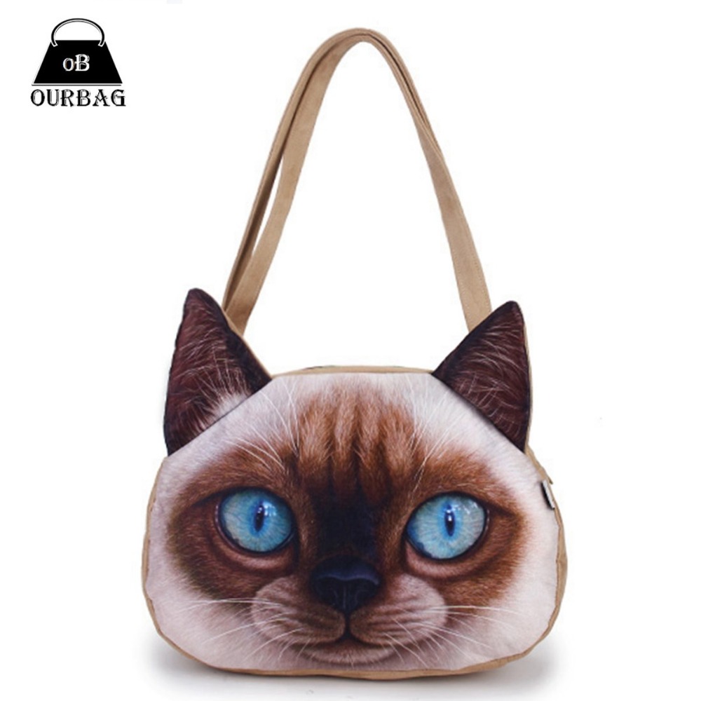 3D Matt Damen Nette Katze Druck Handtaschen Schulter Reißverschluss Polyester Student Handtasche Mädchen