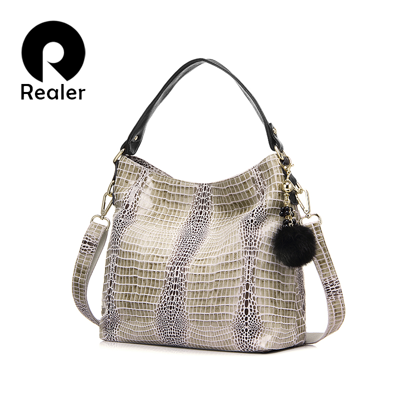 Damen Echtem Leder Krokodil Taschen Umhängetasche Mit Fellknäuel Embassed Handtasche Messenger Tasche