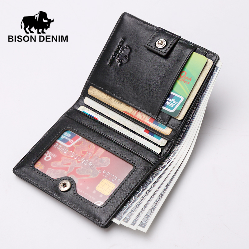 BISON DENIM hohe qualität Aus Echtem Leder Herren Brieftasche Kleine Ultra Thin Kartenhalter Herren Schwarz