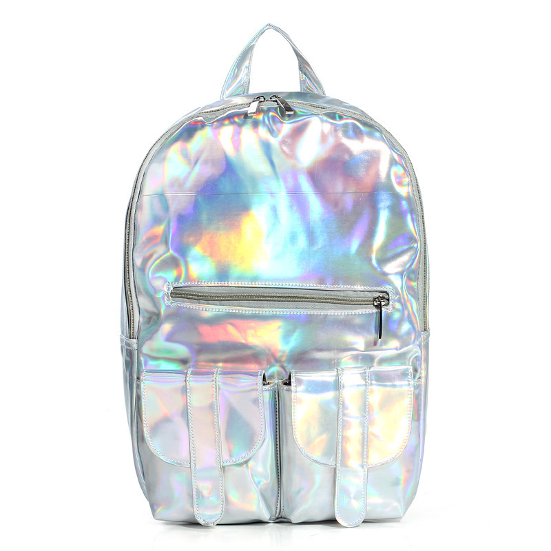 Mochila Masculina Rucksack Damen Silber Hologramm Laser Rucksack Herren Tasche Leder Holographische Multicolor