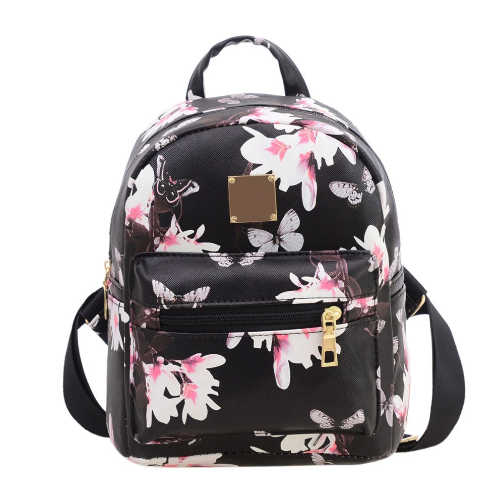 mode Damen Reizende Blumen Druck Leder Rucksäcke Vintage Schultaschen für Mädchen Weibliche Wandern Bag