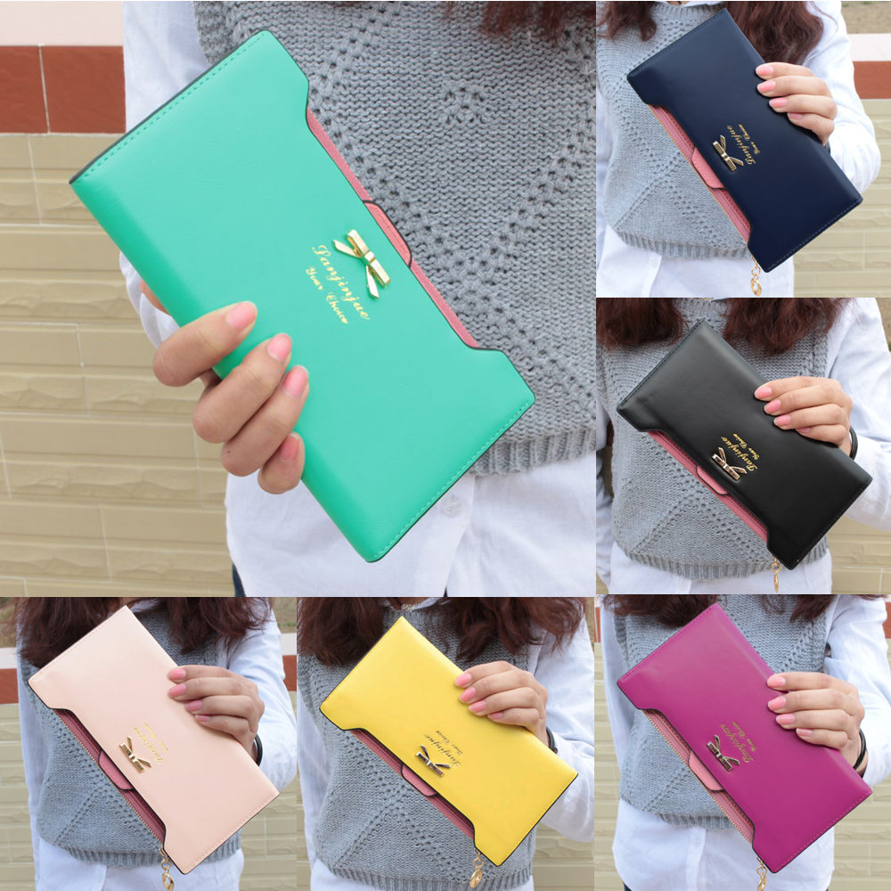 Neue Mode Damen Lady Lange Geldbörse Weiblichen Candy Farbe Bogen Knoten PU Leder Billeteras Porte Monnaie