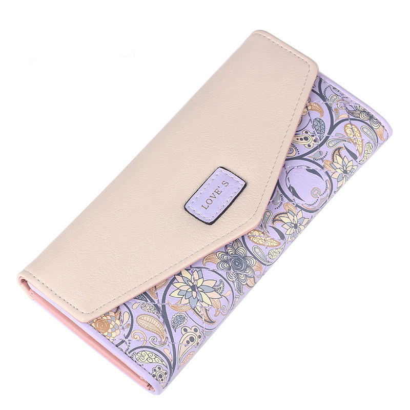 Neue Mode Pu Leder Umschlag Damen Geldbörsen 5 Farben Blumen Druck 3 Fache Brieftasche Lange Damen Clutch